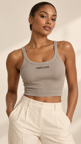 Illustrative styling image of model wearing Mushroom Avant Luxe ribbed tank