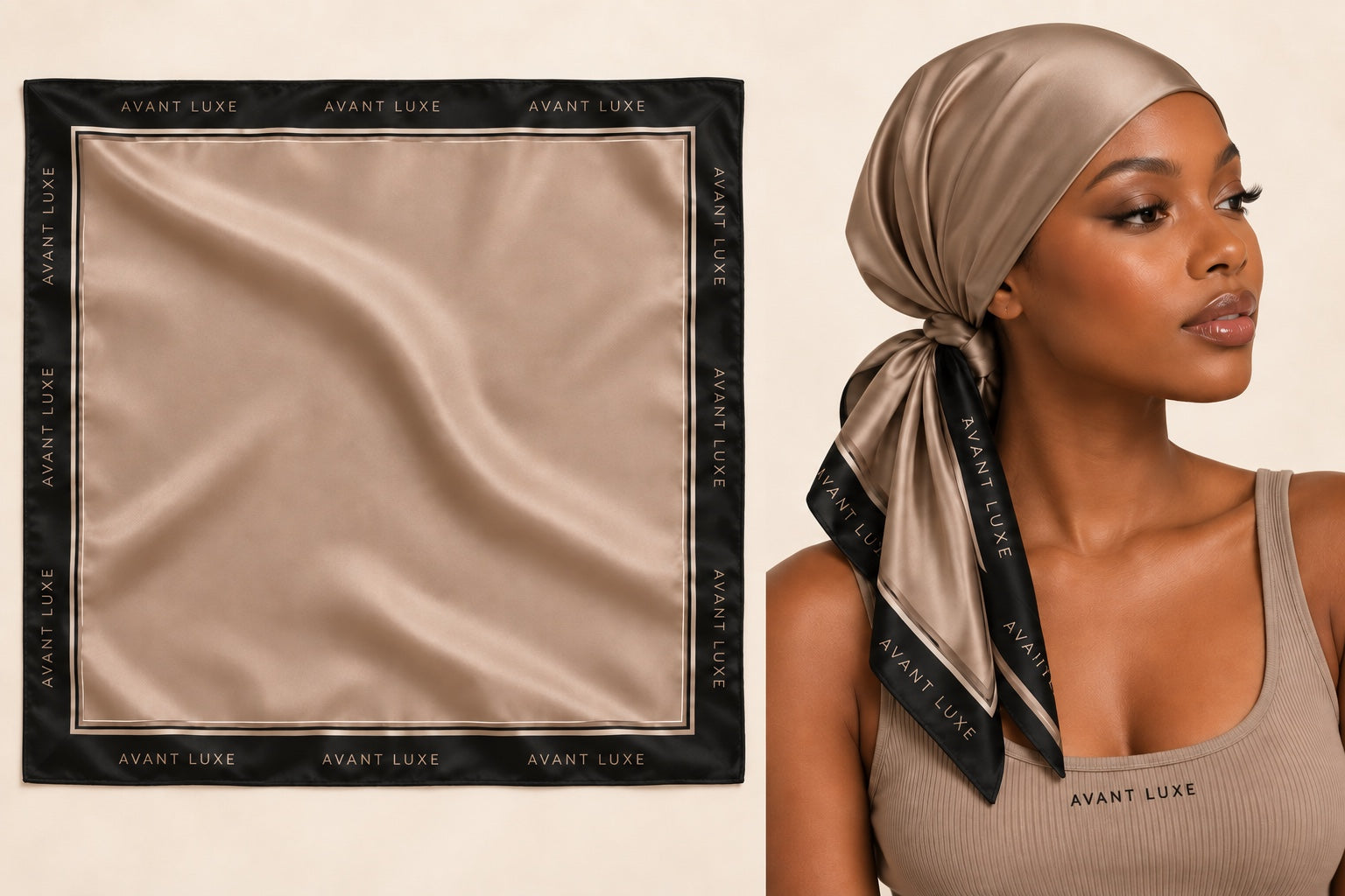 Avant Luxe satin scarf in taupe with black logo border, displayed flat and worn as a head wrap