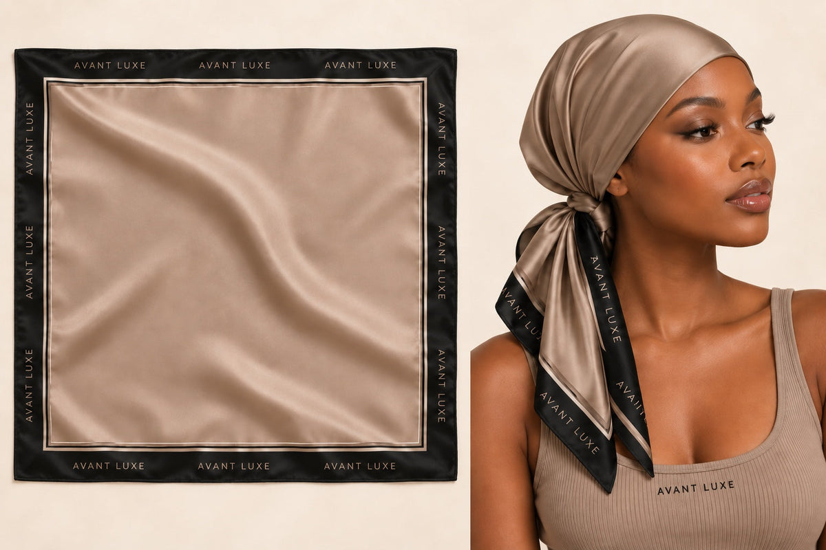 Avant Luxe satin scarf in taupe with black logo border, displayed flat and worn as a head wrap